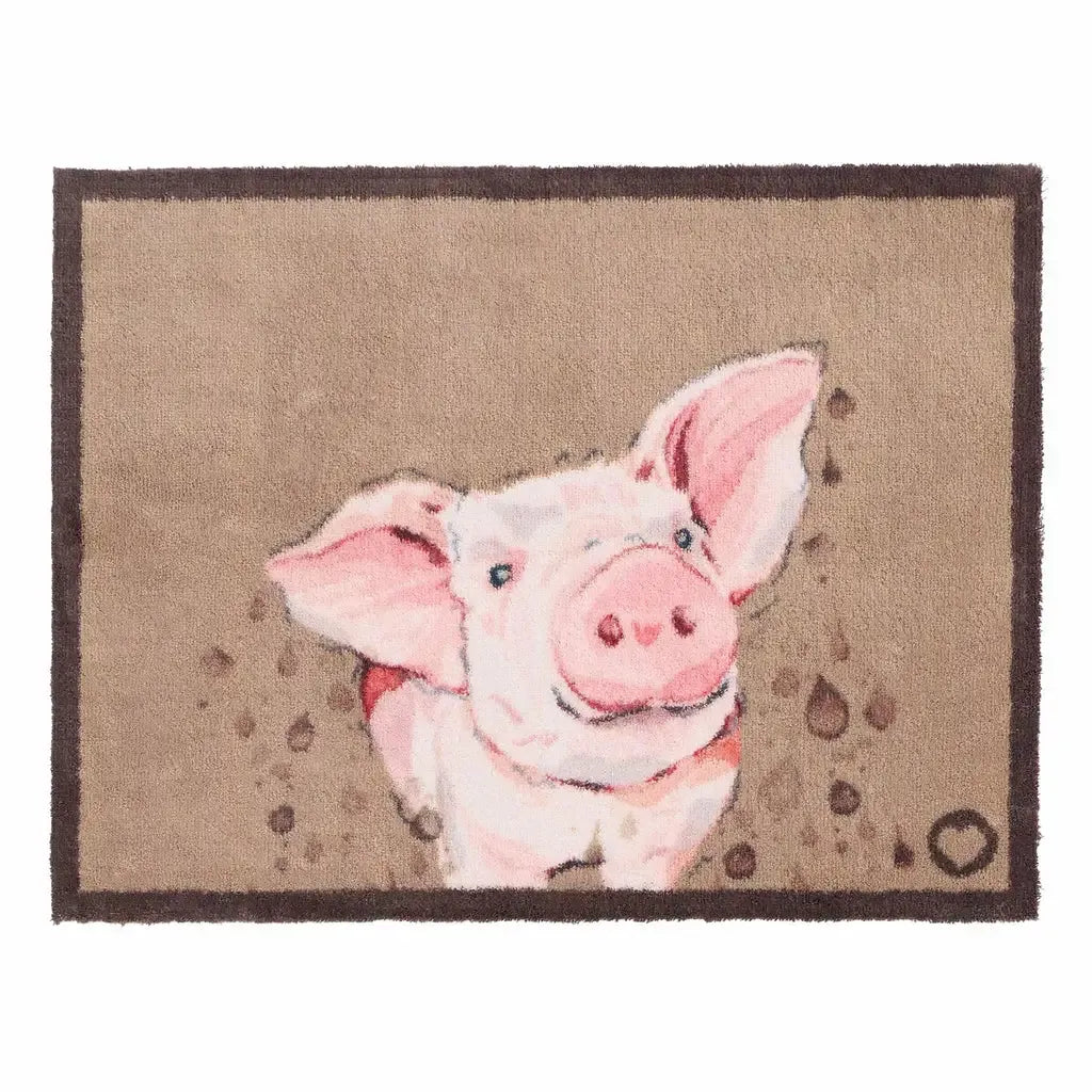 Hug Rug Farmyard Pig doormat 65cm x 85cm featuring a cute pink and white pig with large ears on a beige and brown woven textile background with dark brown border