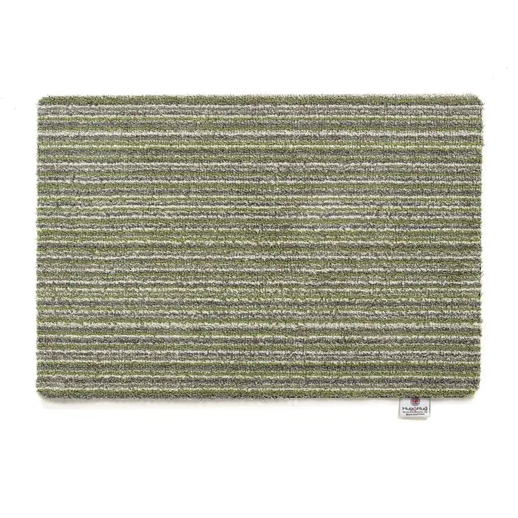 Hug Rug green and cream candy stripe doormat 50cm x 75cm with rounded corners and brand label visible