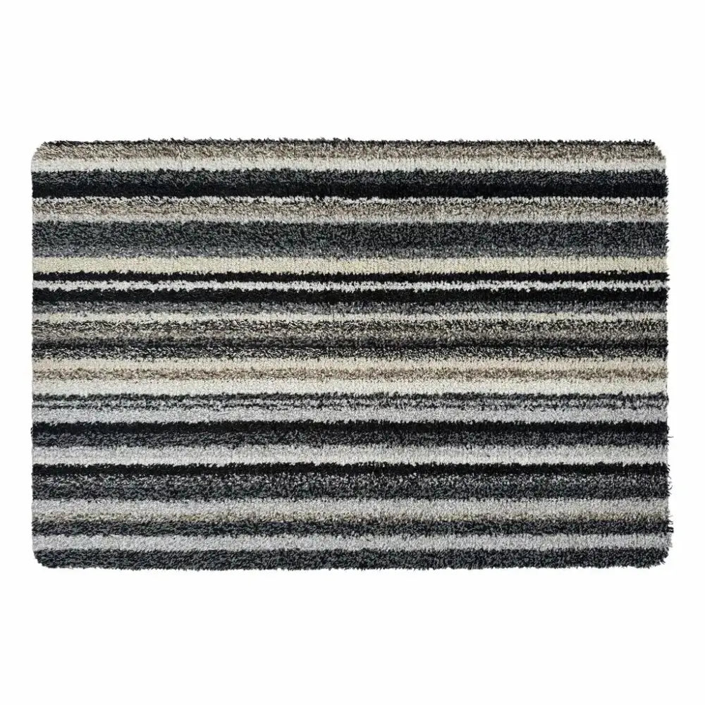 Hug Rug Candy Stripe doormat 50cm x 75cm with horizontal stripes in black, grey and cream wool pile fabric on white background