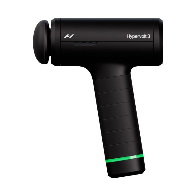 Black Hyperice Hypervolt 3 massage gun with ergonomic handle, cylindrical treatment head, and green accent band on grip