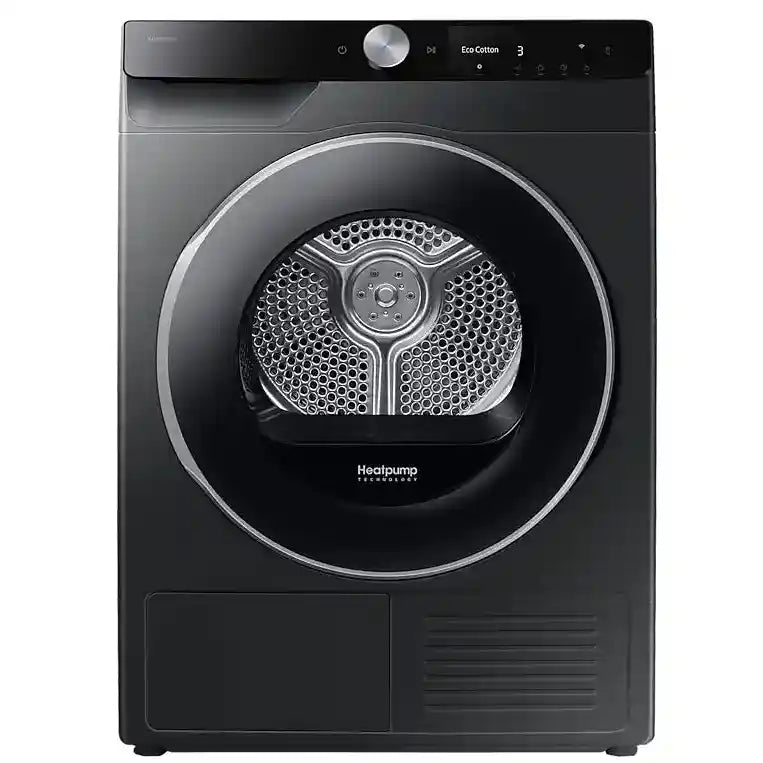 Samsung Series 6 AI Energy heat pump tumble dryer in black with 9kg capacity, featuring a large circular drum door and stainless steel ring, front-facing view showing control panel with Eco Cotton setting and digital display