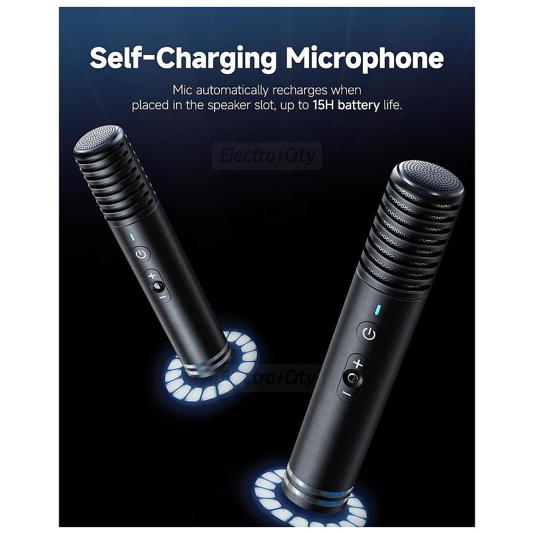 Two black self-charging microphones with metallic silver mesh heads and illuminated blue circular charging bases displayed against a dark background, featuring power and control buttons on the handles
