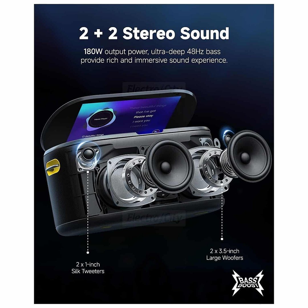 Ikarao Shell S1 portable karaoke machine with 10.1 inch HD display showing music lyrics, featuring 2+2 stereo sound system with two 3.5-inch woofers and two 1-inch silk tweeters, 180W output power, black and silver design with yellow accent button on dark blue background