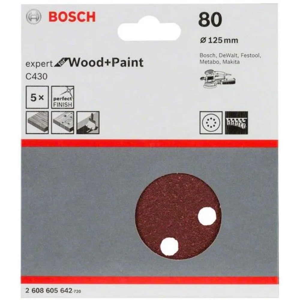 Bosch 125mm Orbital Sanding Discs 80 Grit 5 Pack | 2608605642