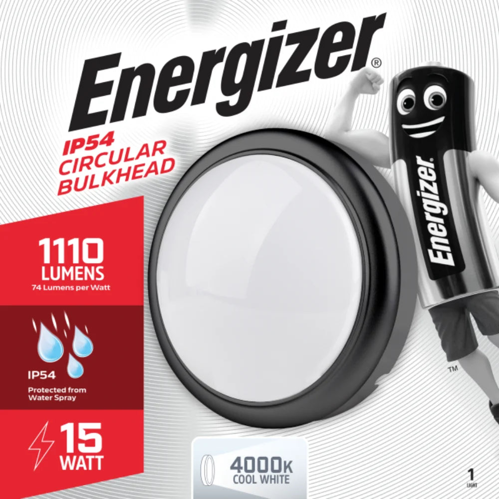 Energizer circular bulkhead light with packaging details on a white background