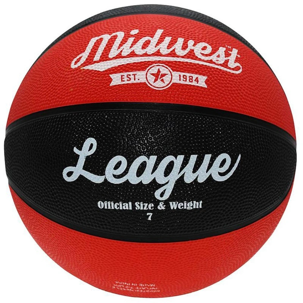Red and black basketball with 'Midwest' and 'League' branding on a white background