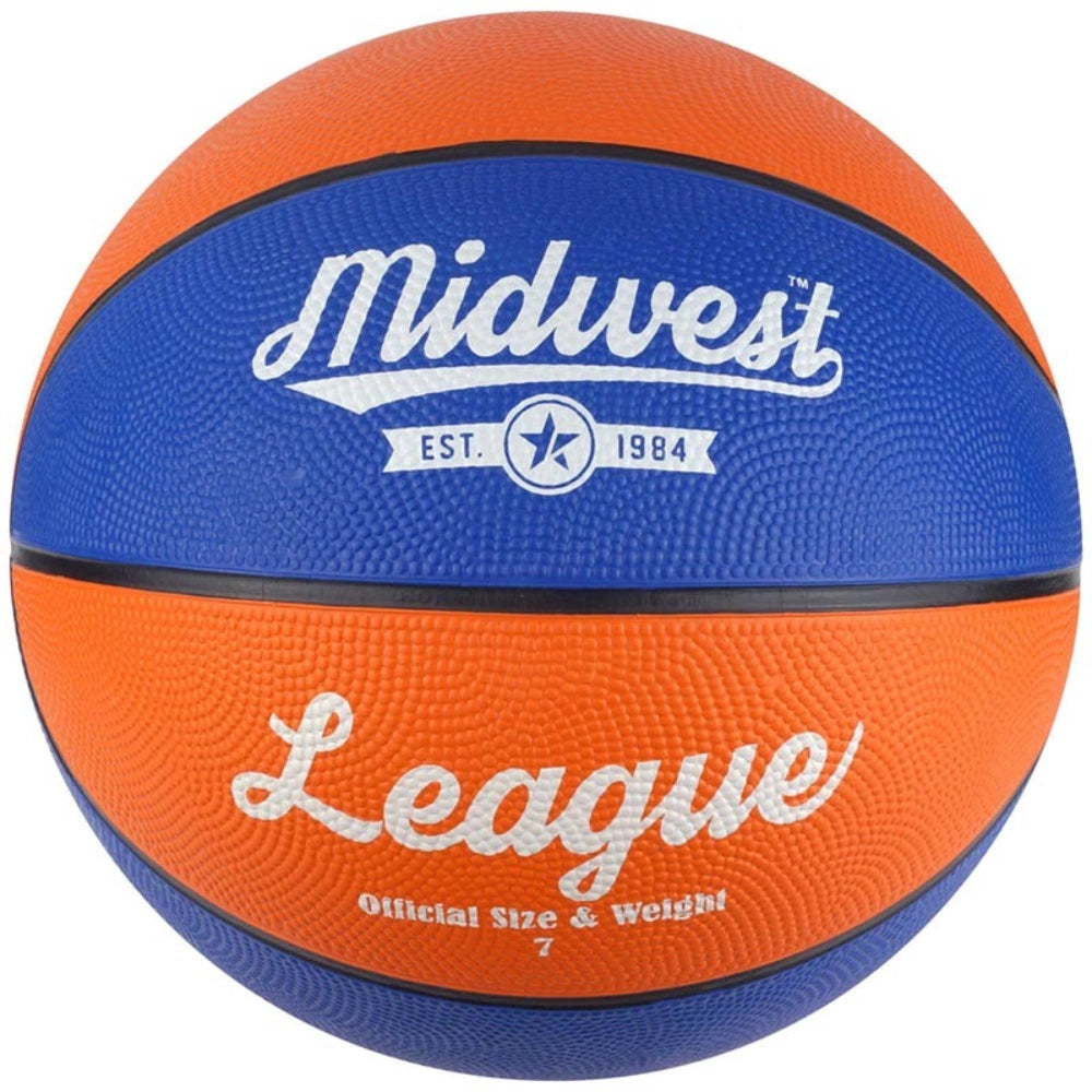 Basketball with 'Midwest League' branding on an orange and blue background