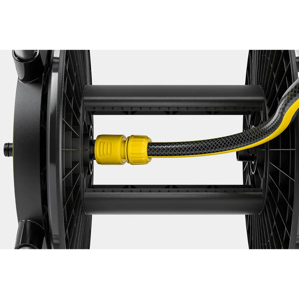 Karcher hose trolley set showing black metal reel with yellow and black braided hose connector and coiled yellow hose detail view