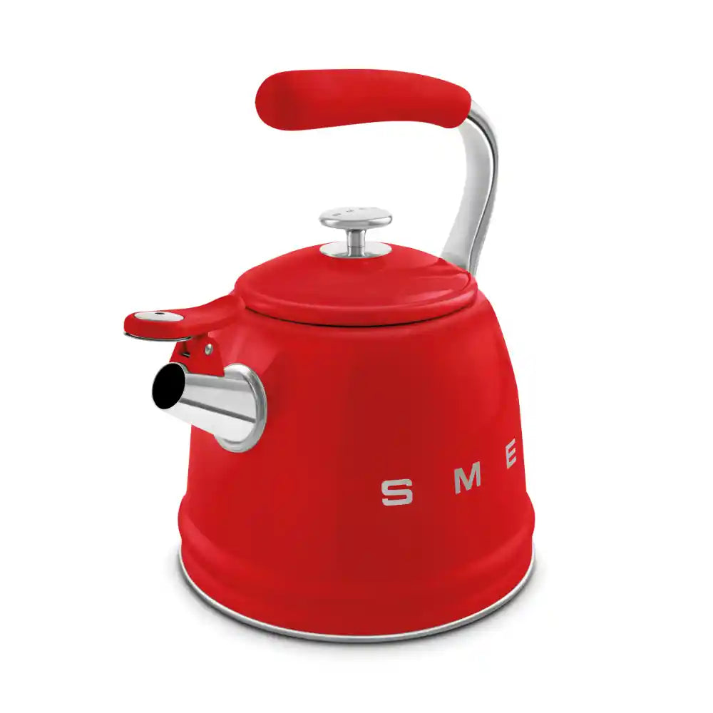 Smeg red retro 50s style stovetop whistling kettle with chrome handle and spout, featuring stainless steel base and trim