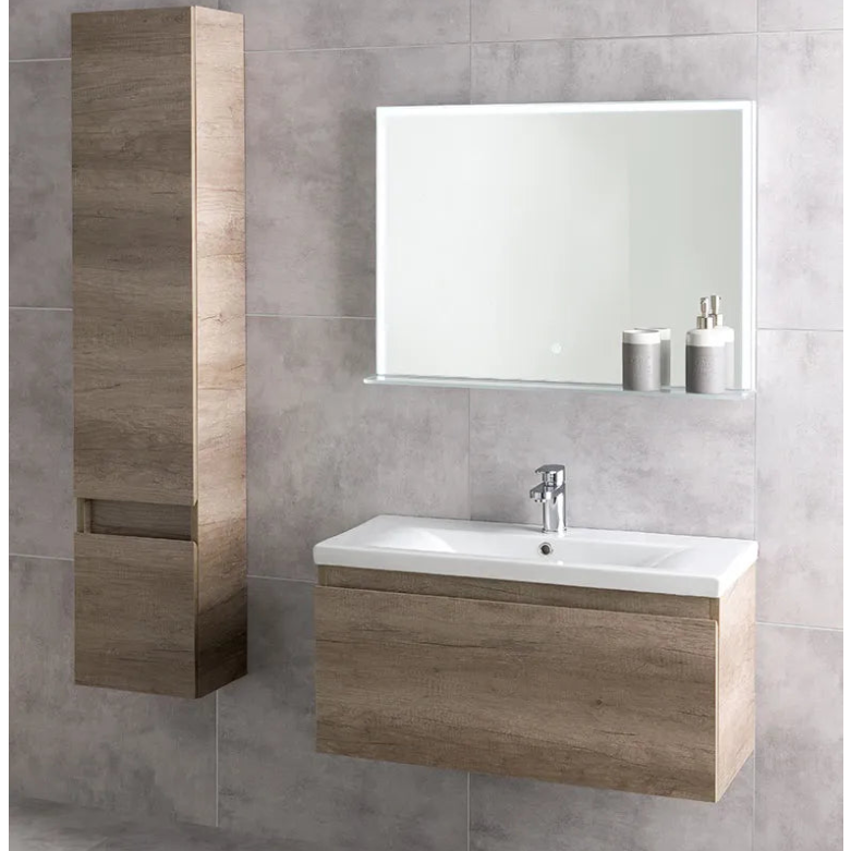Modern wall-hung bathroom vanity unit in Nebraska Oak with white ceramic sink, chrome tap, illuminated mirror with shelf, and matching tall storage cabinet against grey tile wall