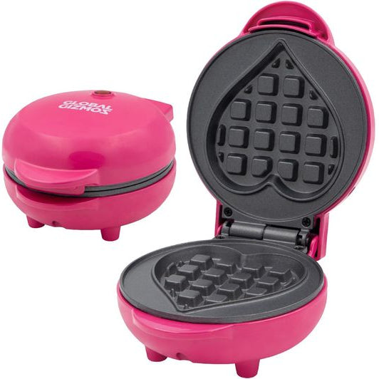 Pink heart-shaped waffle maker by Global Gizmos showing closed unit and open cooking plates with non-stick surface