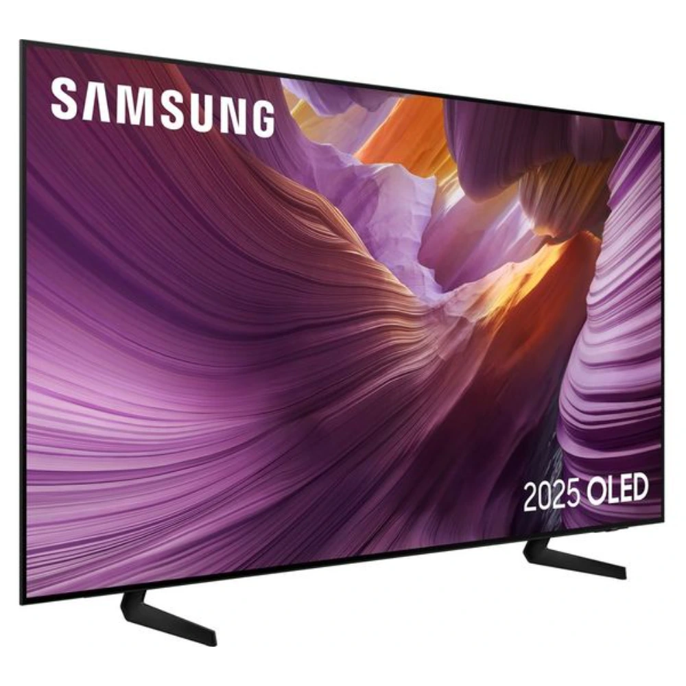 Samsung S85F 77 inch 4K OLED Smart TV 2025 model displaying vibrant purple and orange canyon landscape on screen with black bezel and stand against white background
