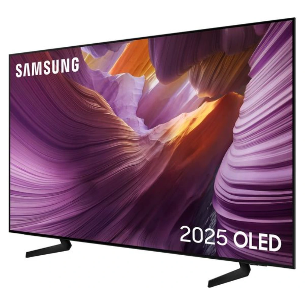 Samsung 77 inch 4K OLED smart TV 2025 model displaying vibrant purple and orange abstract canyon landscape wallpaper on curved screen with black bezel and stand