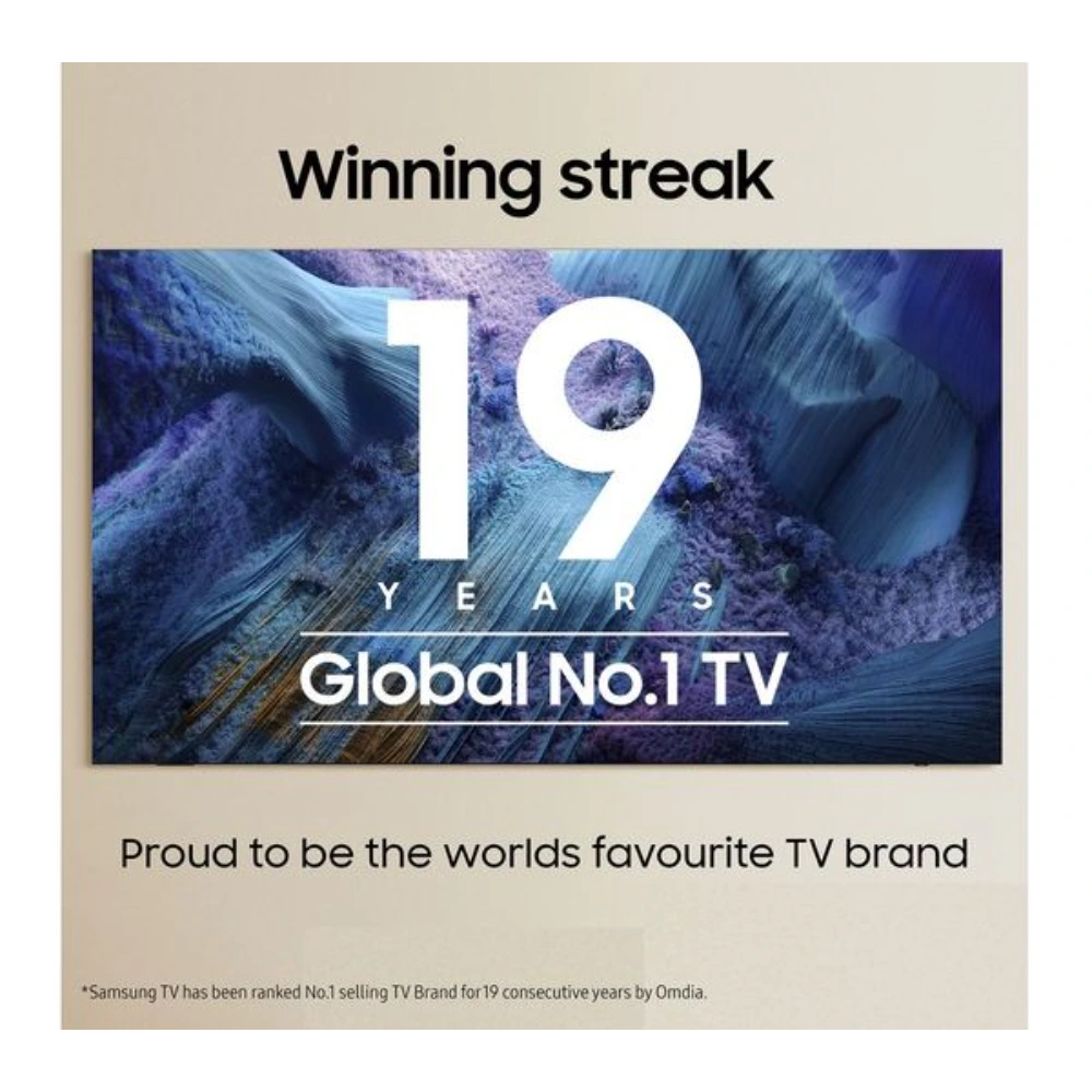 Samsung S85F 77 inch 4K OLED Smart TV marketing image showing a 19-year winning streak as Global No.1 TV brand with blue textured background and beige border highlighting Omdia ranking
