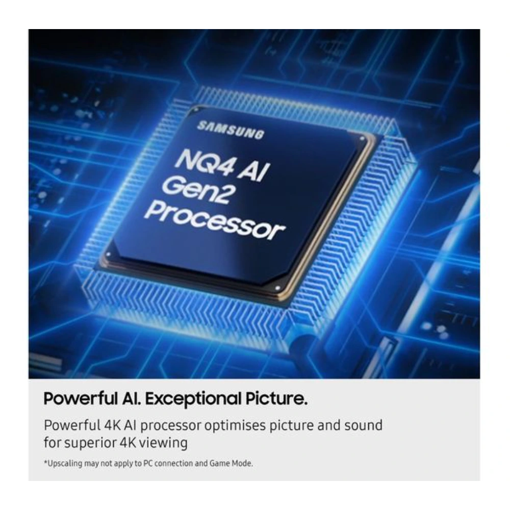 Samsung NQ4 AI Gen2 processor chip on blue circuit board background with text reading Powerful AI Exceptional Picture and description of 4K AI processor optimization for superior viewing