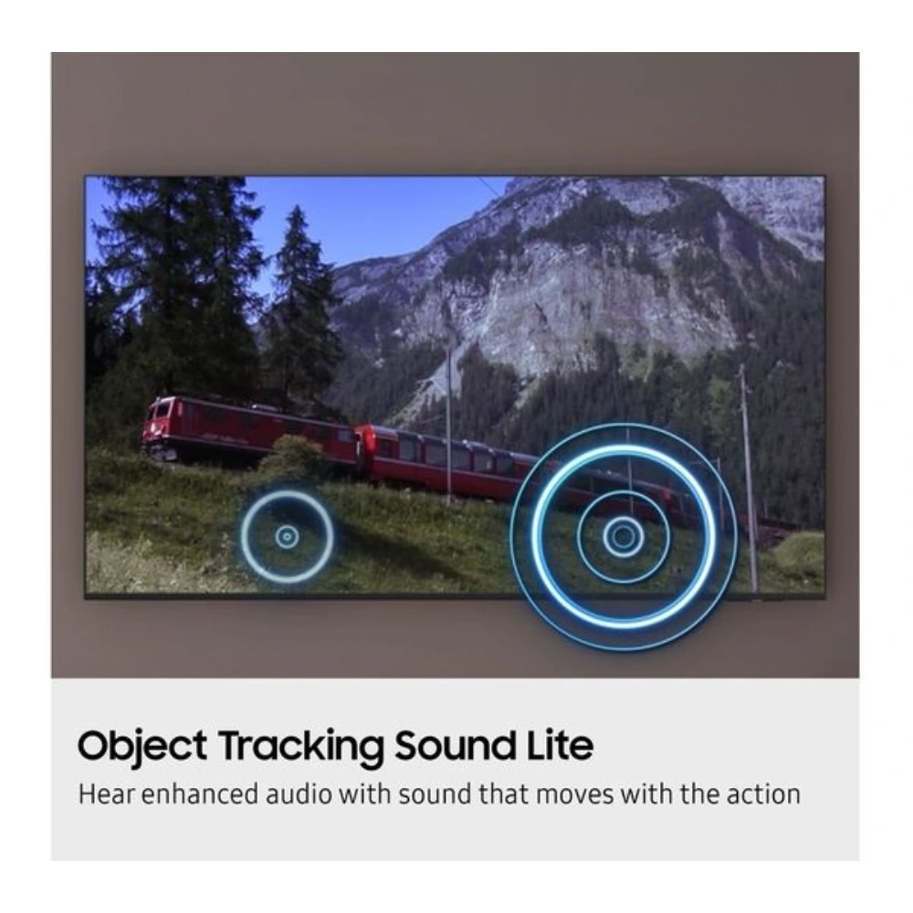 Diagram of Samsung S85F 77 inch OLED TV displaying Object Tracking Sound Lite feature with a red train moving through a mountainous landscape, showing concentric blue circular sound wave indicators tracking the train's movement across the screen