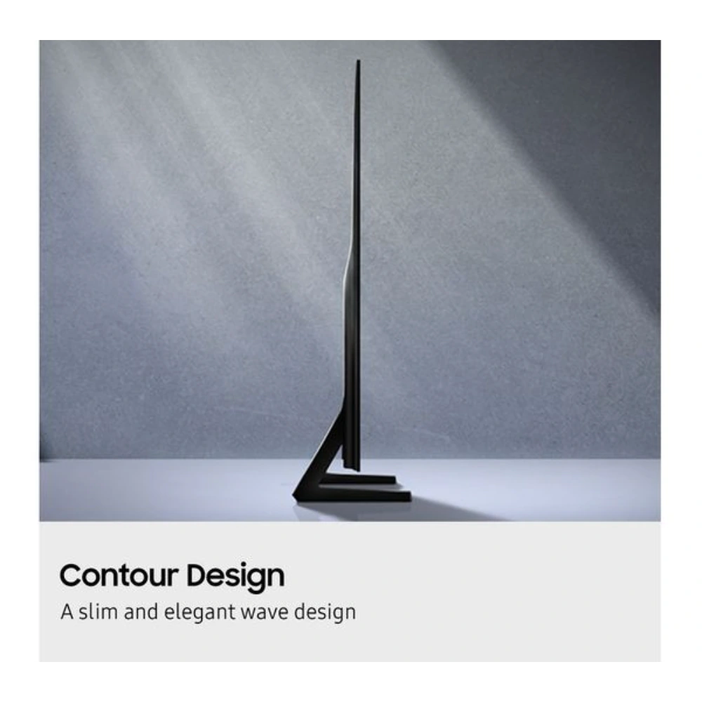 Side view of Samsung S85F 77 inch 4K OLED TV with sleek black contour design and curved stand against gray backdrop, highlighting slim and elegant wave-shaped profile