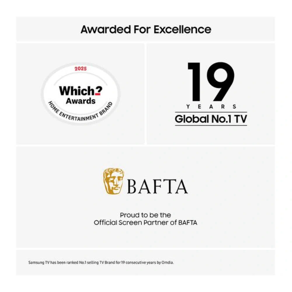 Samsung S85F 77 inch 4K OLED Smart TV 2025 model displaying awards and recognition badges including Which? Awards 2025 Home Entertainment Brand, 19 Years Global No.1 TV, BAFTA Official Screen Partner certification, and Omdia No.1 selling TV brand ranking