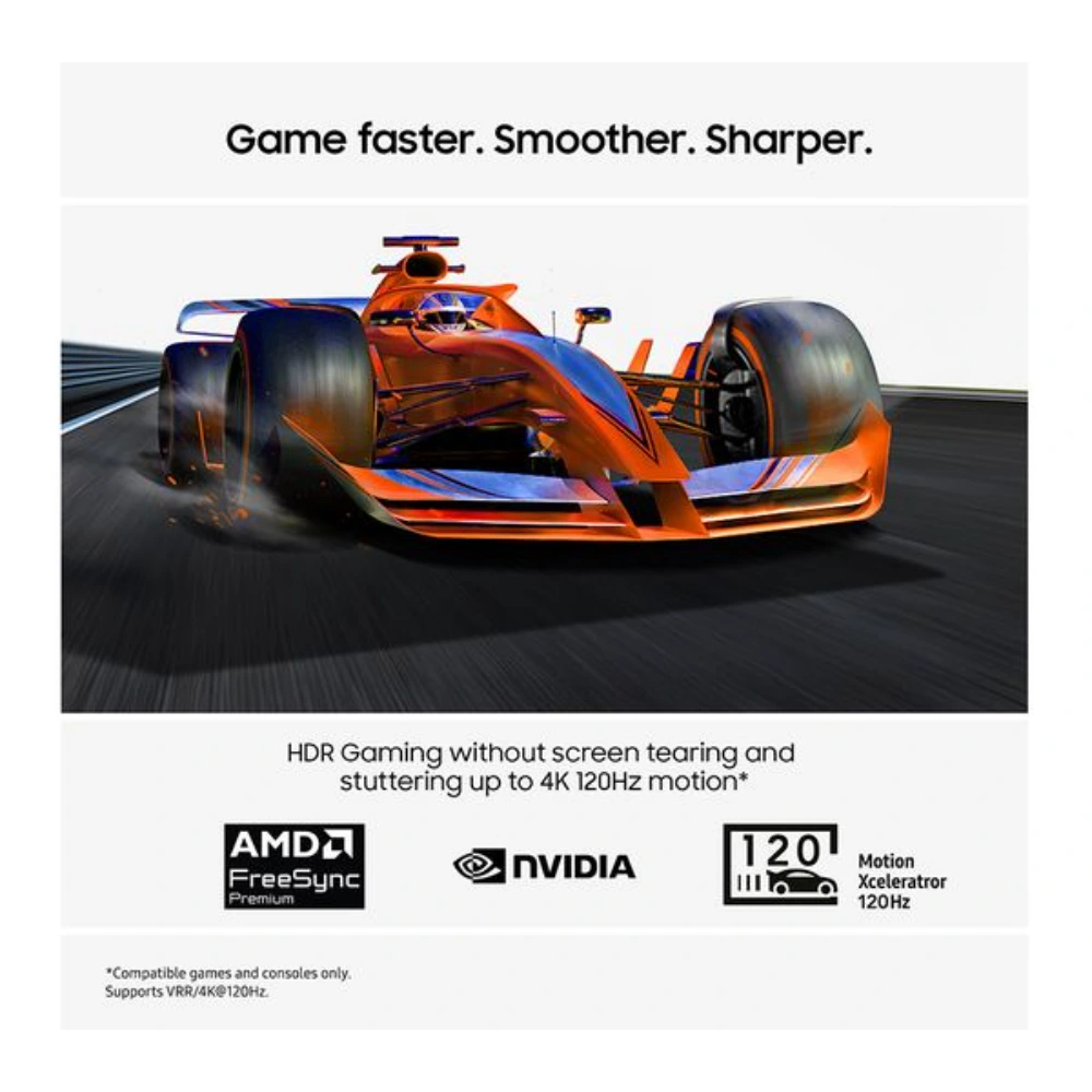 Samsung S85F 77 inch 4K OLED Smart TV marketing image featuring orange and blue Formula 1 racing car in motion with text highlighting HDR gaming, AMD FreeSync Premium, NVIDIA support and 120Hz Motion Xcellerator technology for smooth gameplay without screen tearing