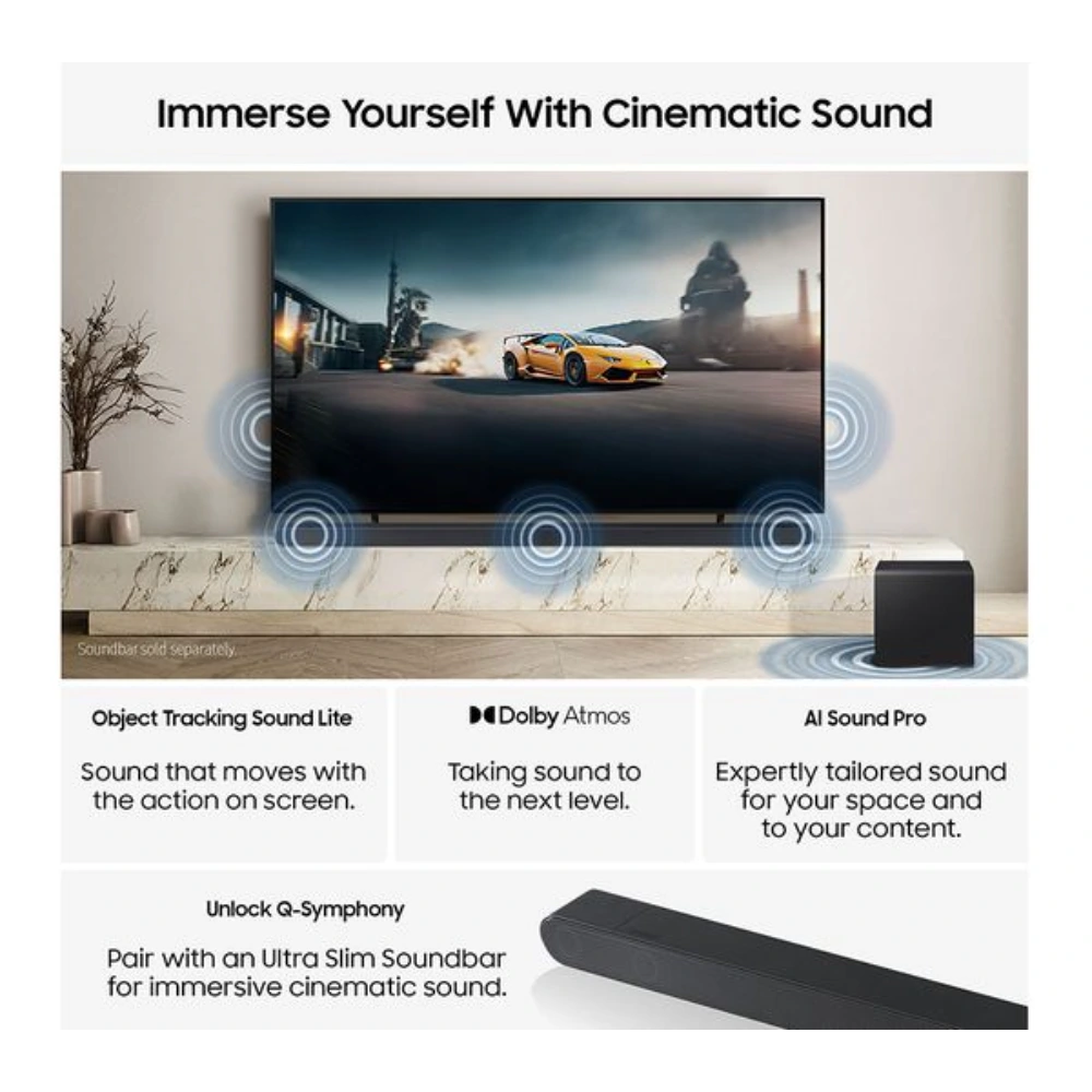 Samsung S85F 77 inch OLED TV displaying cinematic sound features including Object Tracking Sound Lite, Dolby Atmos, and AI Sound Pro with blue sound wave graphics emanating from the screen and subwoofer, mounted on a marble-effect stand in a modern living room setting