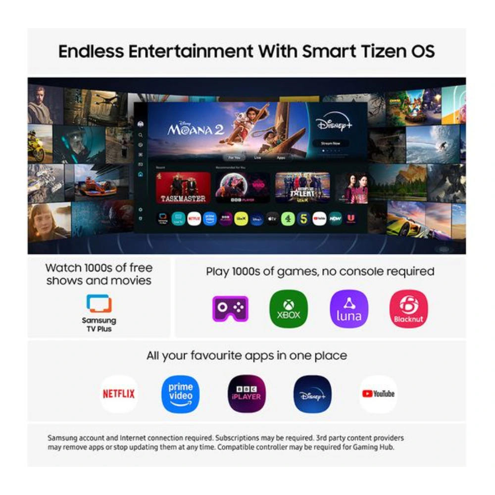 Samsung S85F 77 inch 4K OLED Smart TV displaying Tizen OS interface with streaming apps including Disney+, Netflix, Prime Video, Xbox Game Pass, Luna and Blacknut gaming services, Samsung TV Plus for free content, and popular apps like YouTube and BBC iPlayer arranged on dark blue home screen with content thumbnails