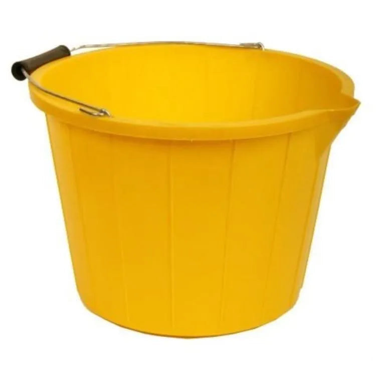 Yellow plastic bucket with black handle and spout, 3 gallon capacity, featuring vertical ribbed design and metal rim