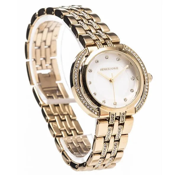 Gold-tone stainless steel ladies watch with diamond bezel, white dial, diamond hour markers, and matching bracelet band by Newgrange Living