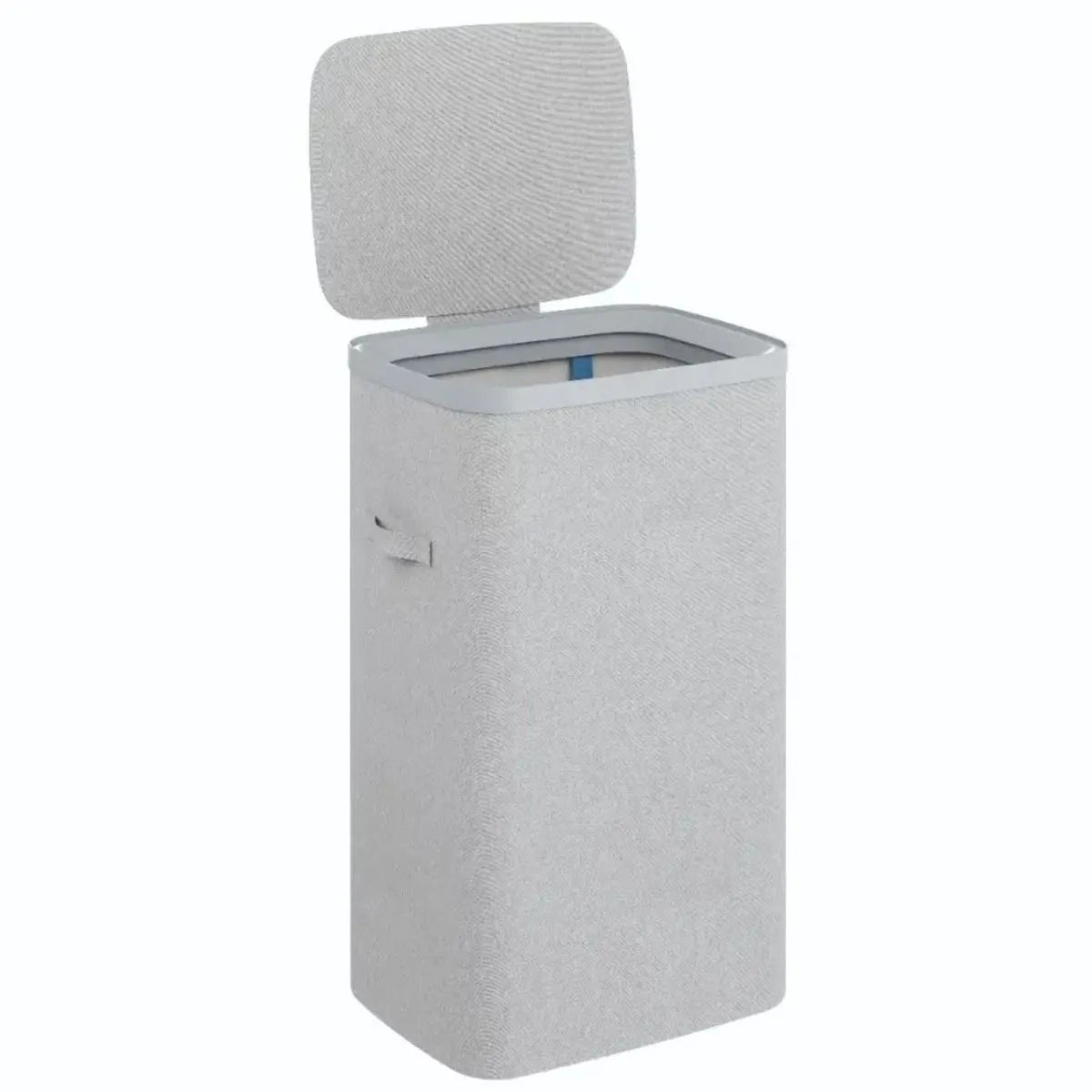 Grey fabric laundry basket with hinged lid and blue accent detail, 50 litre capacity, cylindrical design with textured surface