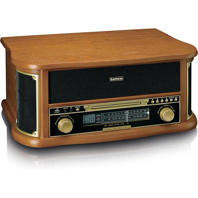 Lenco TCD-2551WD classic wooden retro turntable record player with warm brown wood cabinet, black speaker panels, brass-colored controls and digital display, featuring 8-in-1 functionality