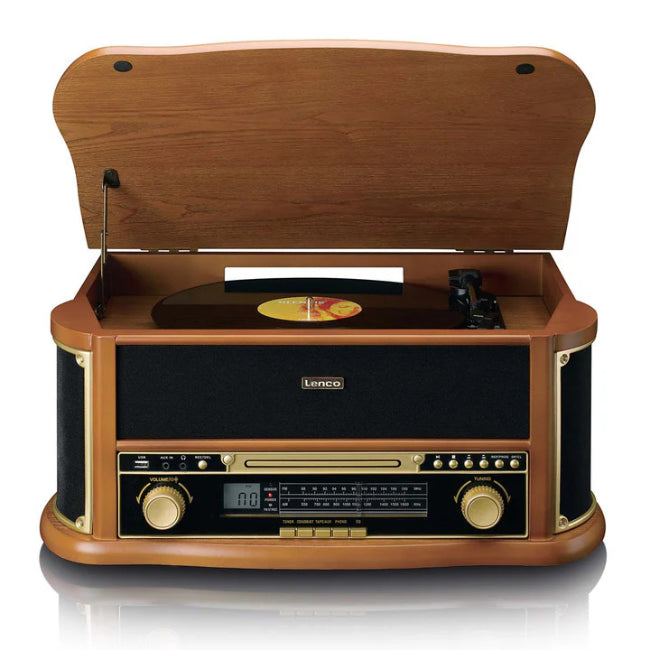 Lenco TCD-2551WD classic wood turntable with open lid showing vinyl record player, FM radio tuner, and control panel with gold accents in retro 8-in-1 design