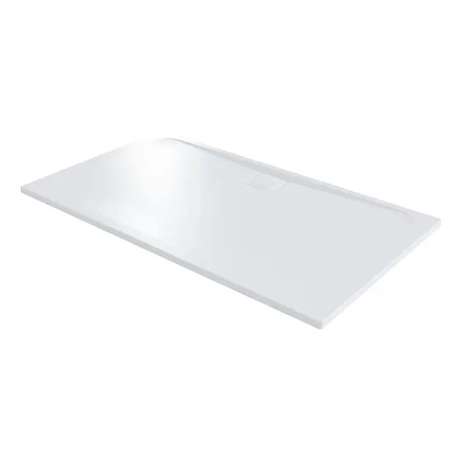 White rectangular shower tray with low profile 25mm height, acrylic construction, modern minimalist design with subtle curved edges and glossy finish