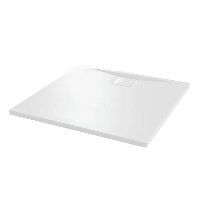 White rectangular shower tray with low profile design and integrated drain cover, Merlyn Level25 model viewed from above at an angle