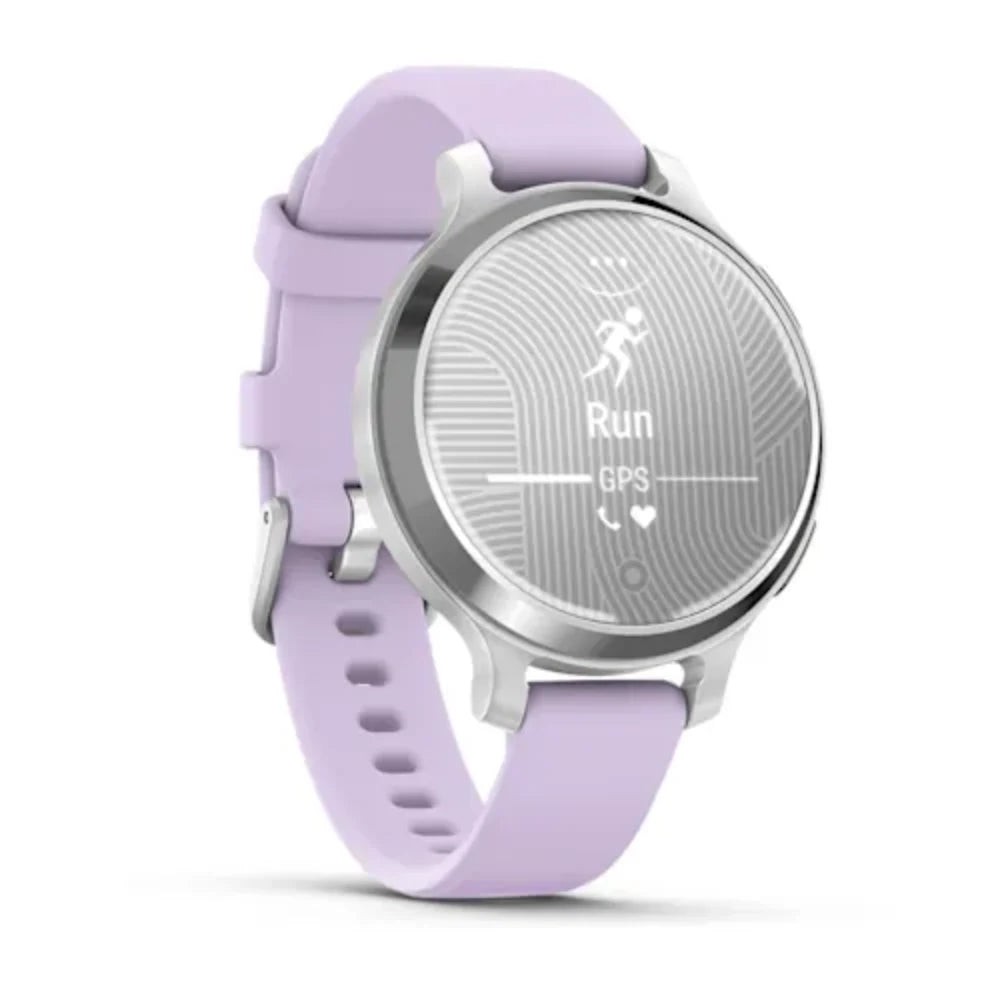 Garmin Lily 2 Active 38mm smartwatch with silver case and lavender purple silicone band displaying Run GPS interface on circular dial