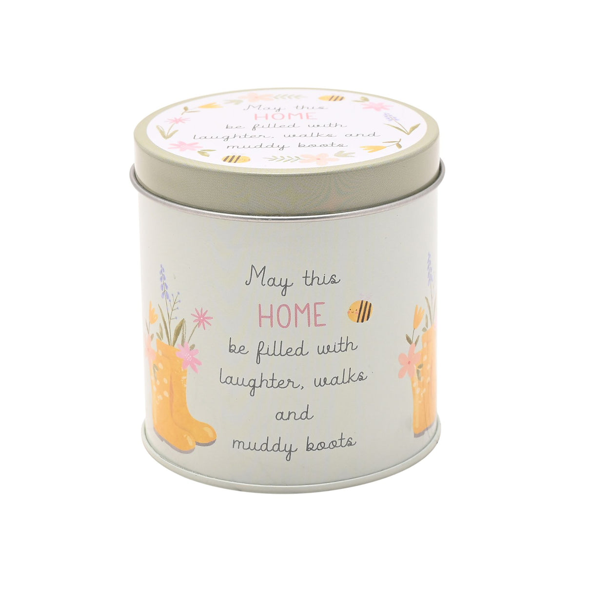 Cream tin candle with decorative lid featuring yellow wellington boots, pink flowers and bees, printed with "May this HOME be filled with laughter, walks and muddy boots" text in handwritten style font