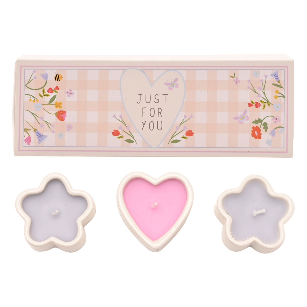 Set of 3 mini scented candles in cream-colored ceramic holders shaped as a pink heart and two purple flowers, displayed with a decorative "Just For You" gift box featuring floral patterns on a pink checkered background