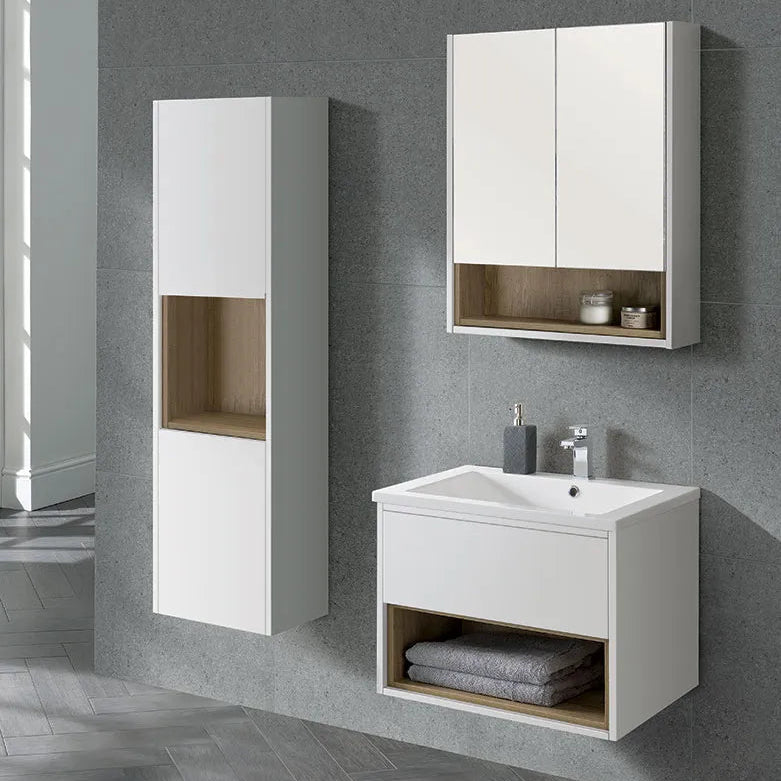 Modern white bathroom vanity units with walnut wood accents including wall-mounted mirror cabinet, tall storage tower and sink vanity with open shelving against grey tile wall