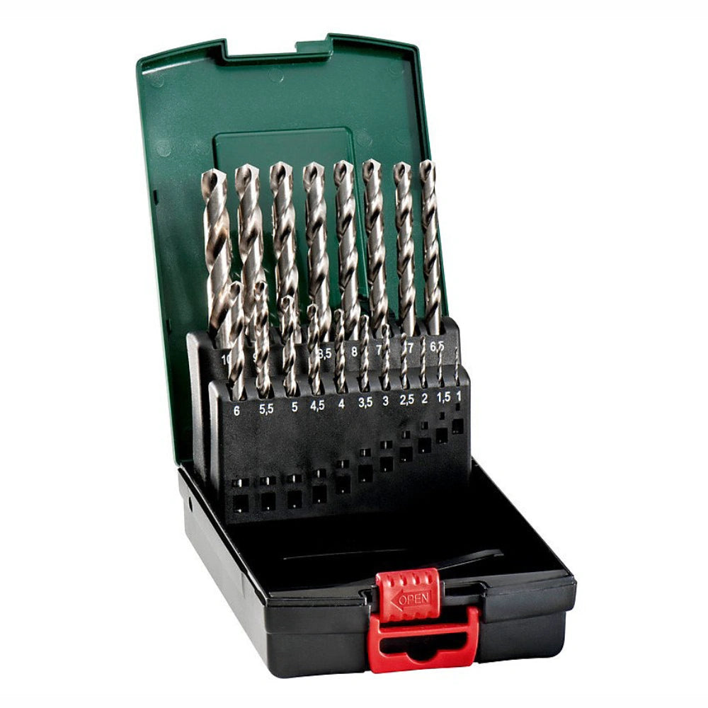 Set of drill bits in a black and green case on a white background