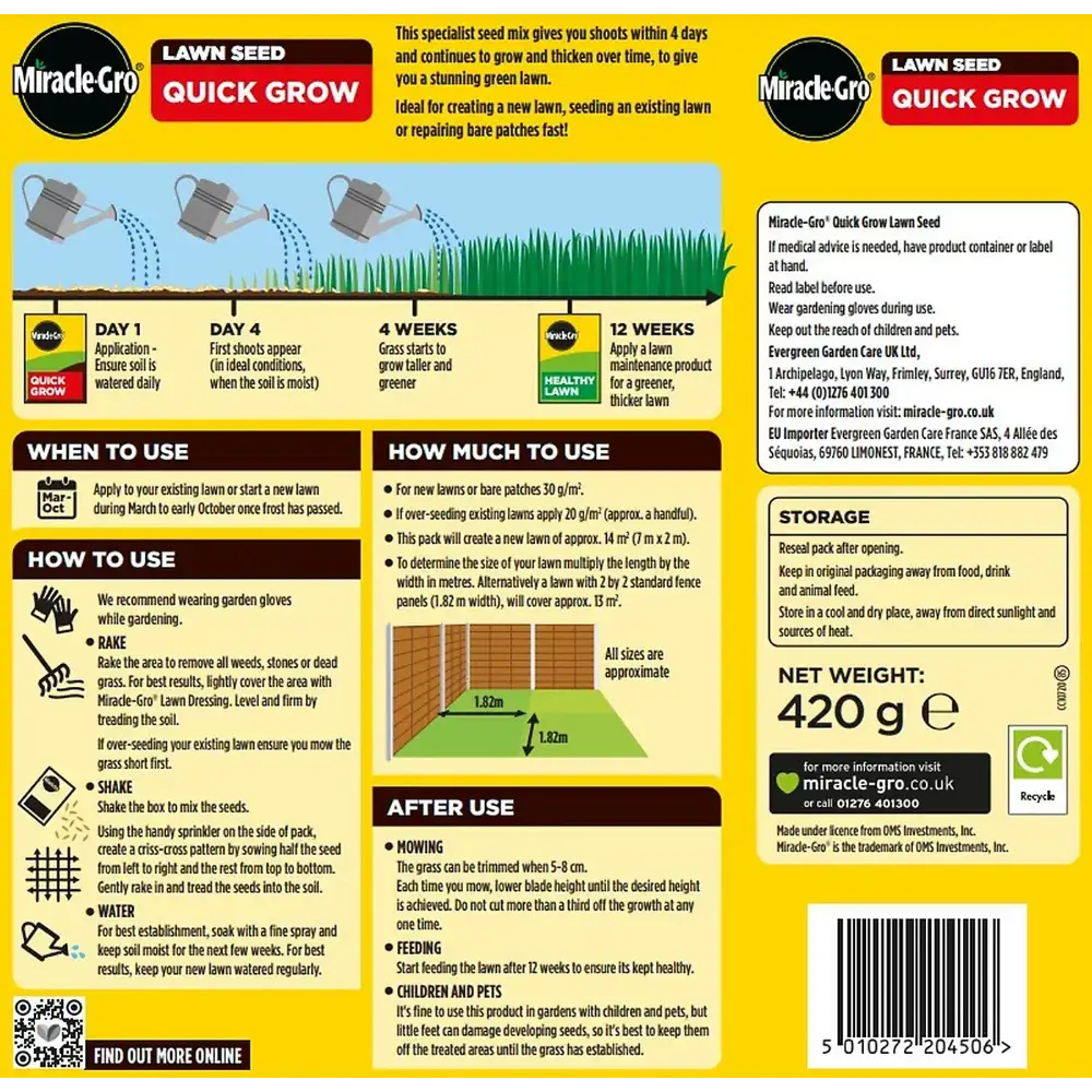 Miracle-Gro Quick Grow Lawn Seed 420g product packaging with yellow background showing application timeline, usage instructions, watering guidance, and coverage area diagram for creating new lawns or repairing bare patches