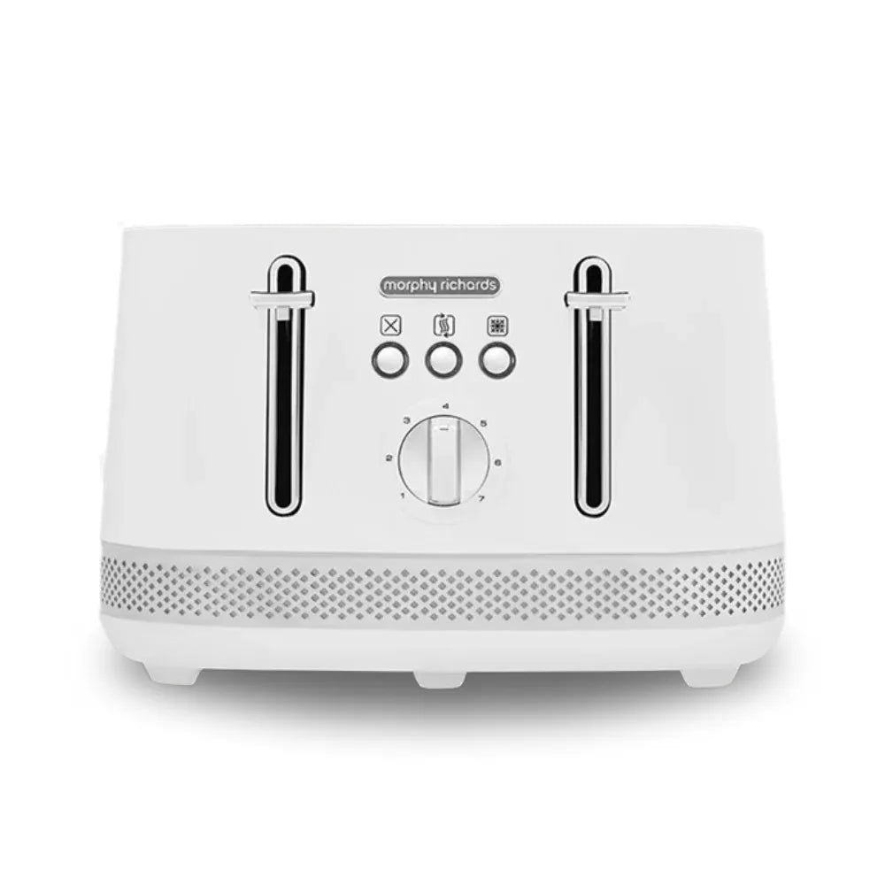 Morphy Richards Illumination white 4-slice toaster with dual extra-wide slots, illuminated buttons, rotary controls, and textured metallic band detail