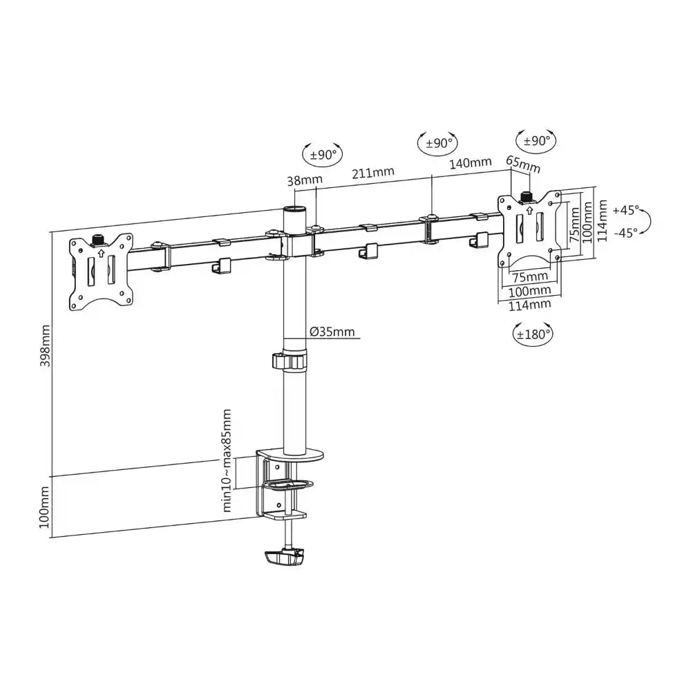 Technical schematic diagram of Digitus Universal Dual Monitor Clamp Mount showing detailed dimensions, adjustment ranges including ±90° tilt, ±180° rotation, and ±45° pan movements, with aluminum pole mount and VESA compatibility specifications for dual screen mounting solutions
