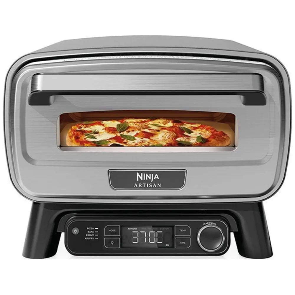 Ninja Artisan pizza oven with a pizza inside on a white background