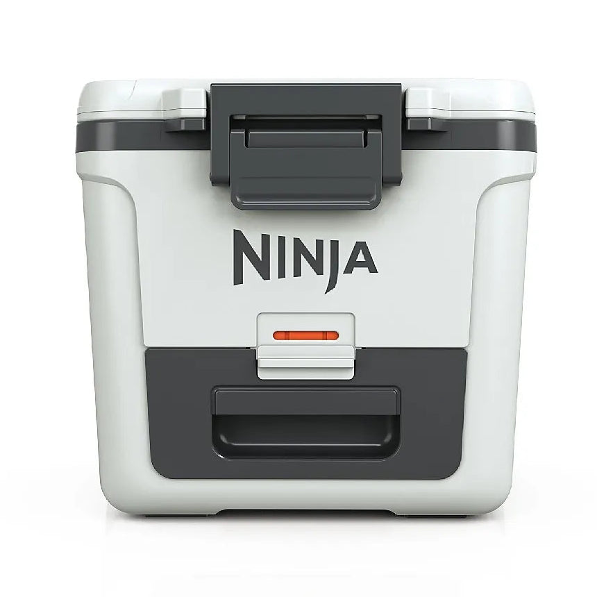 Ninja FrostVault 28 litre wheeled cooler box in cloud white and charcoal grey with black carry handle and front access compartment