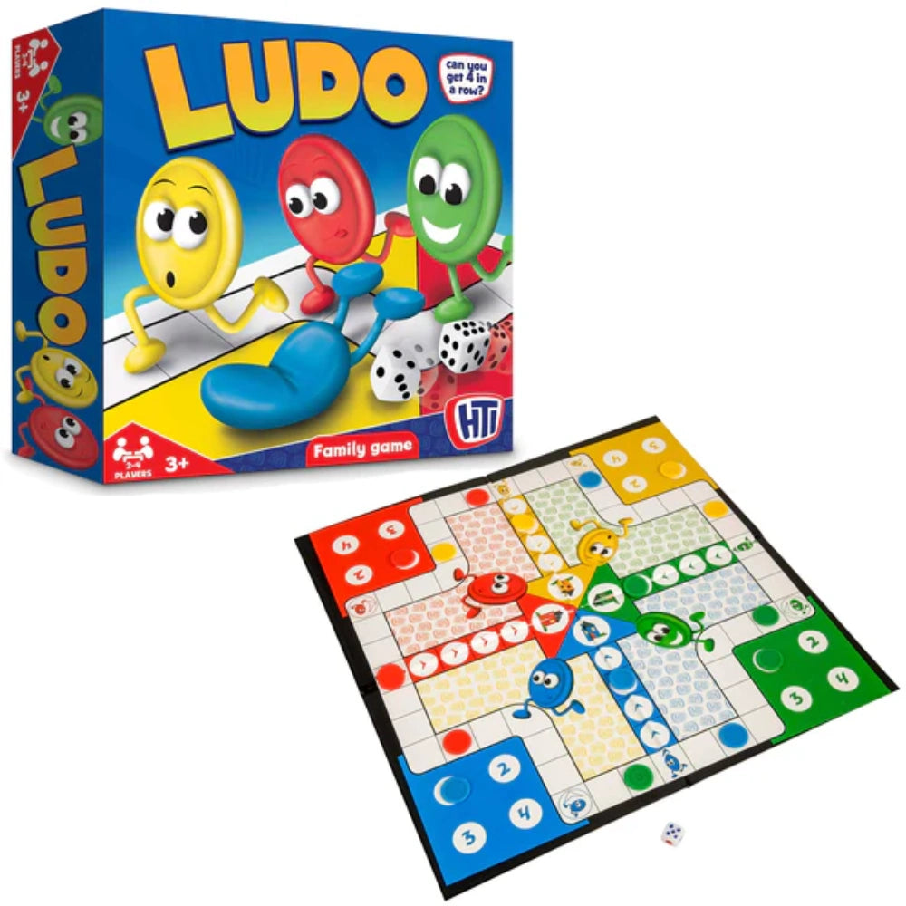 Ludo board game set with colorful box and game board on a white background