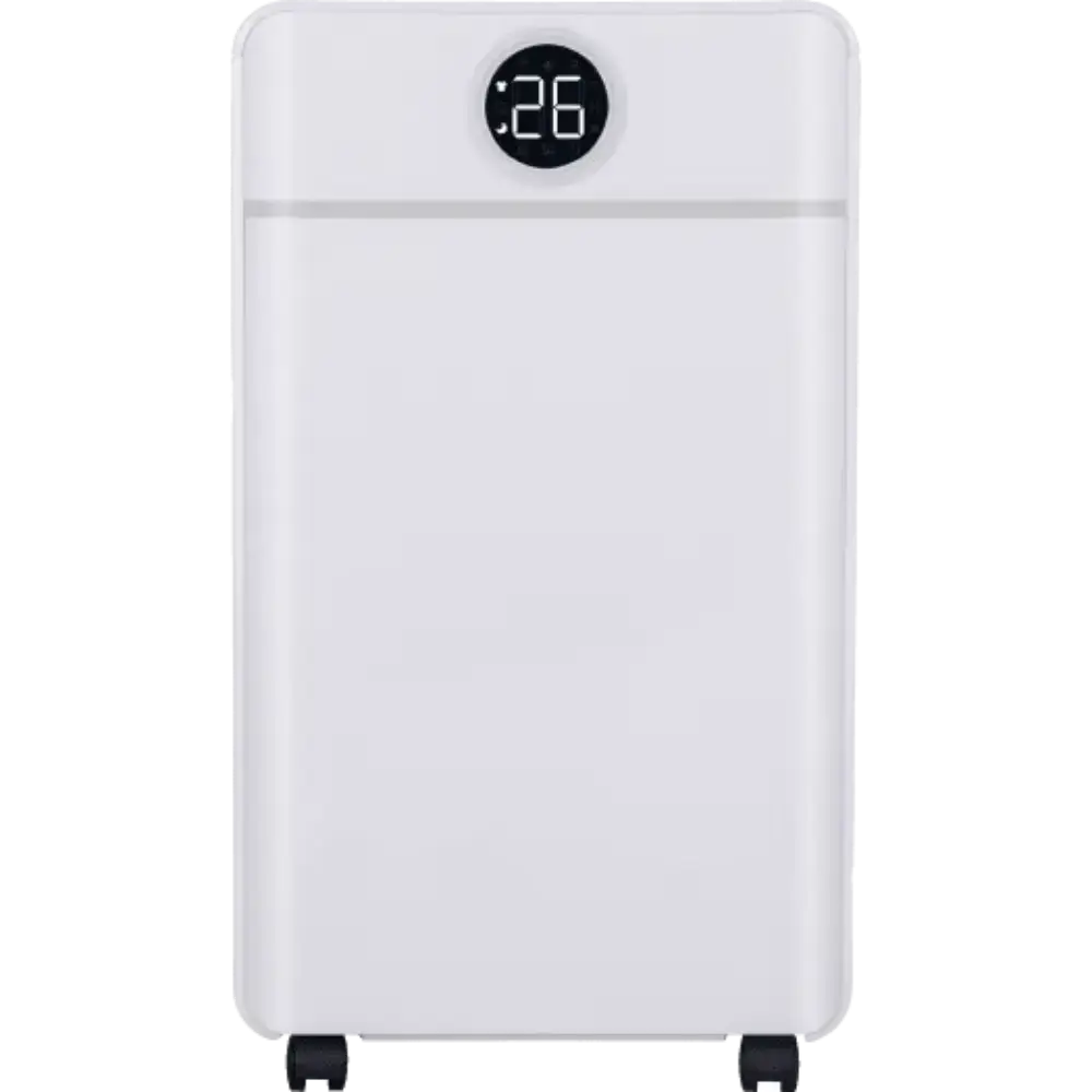 White Masterplug Puredry SmartEnergy 3-in-1 dehumidifier air purifier with digital display showing 26 degrees and black feet