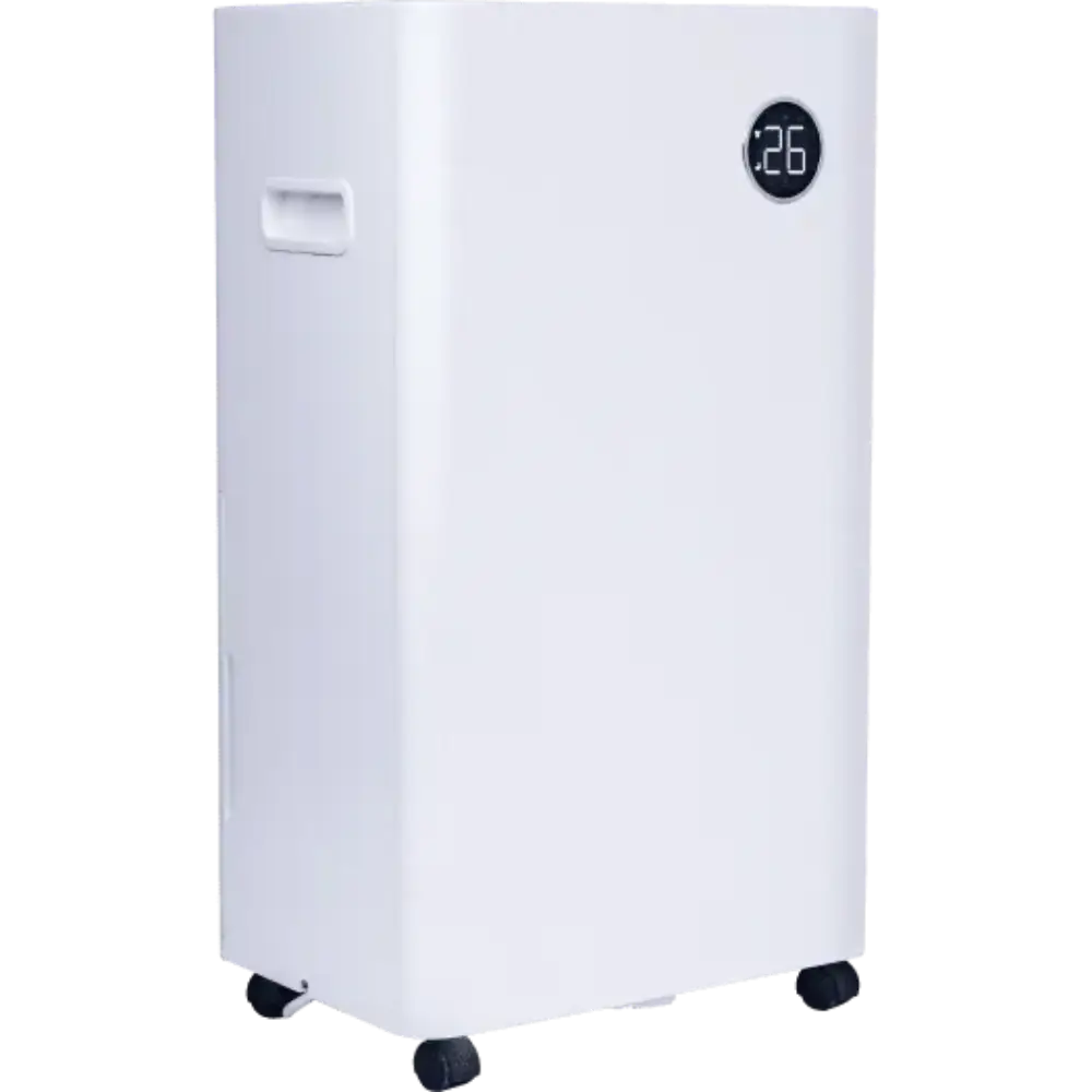 White Masterplug Puredry SmartEnergy 3-in-1 dehumidifier air purifier and ioniser with digital display showing 26 degrees, featuring caster wheels and control panel on front