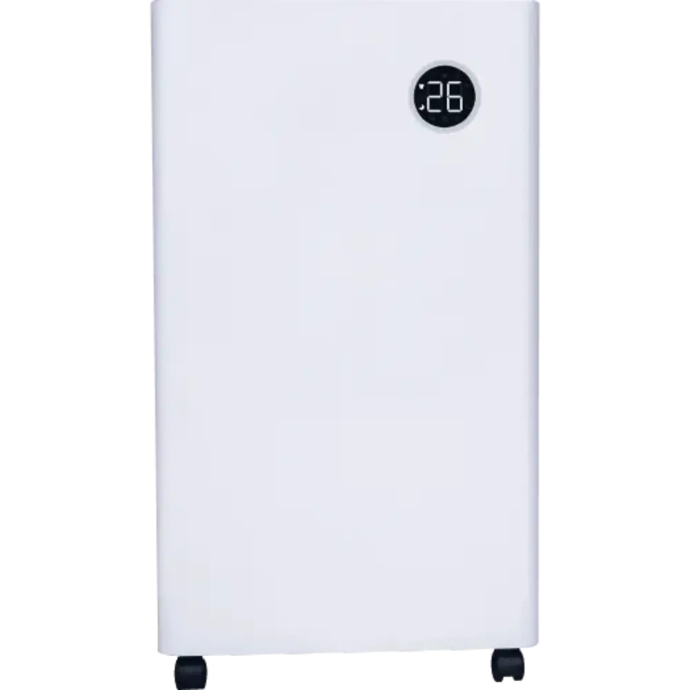 White Masterplug Puredry SmartEnergy 3-in-1 dehumidifier with digital display showing 26, featuring air purifier and ioniser functions, standing on black caster wheels