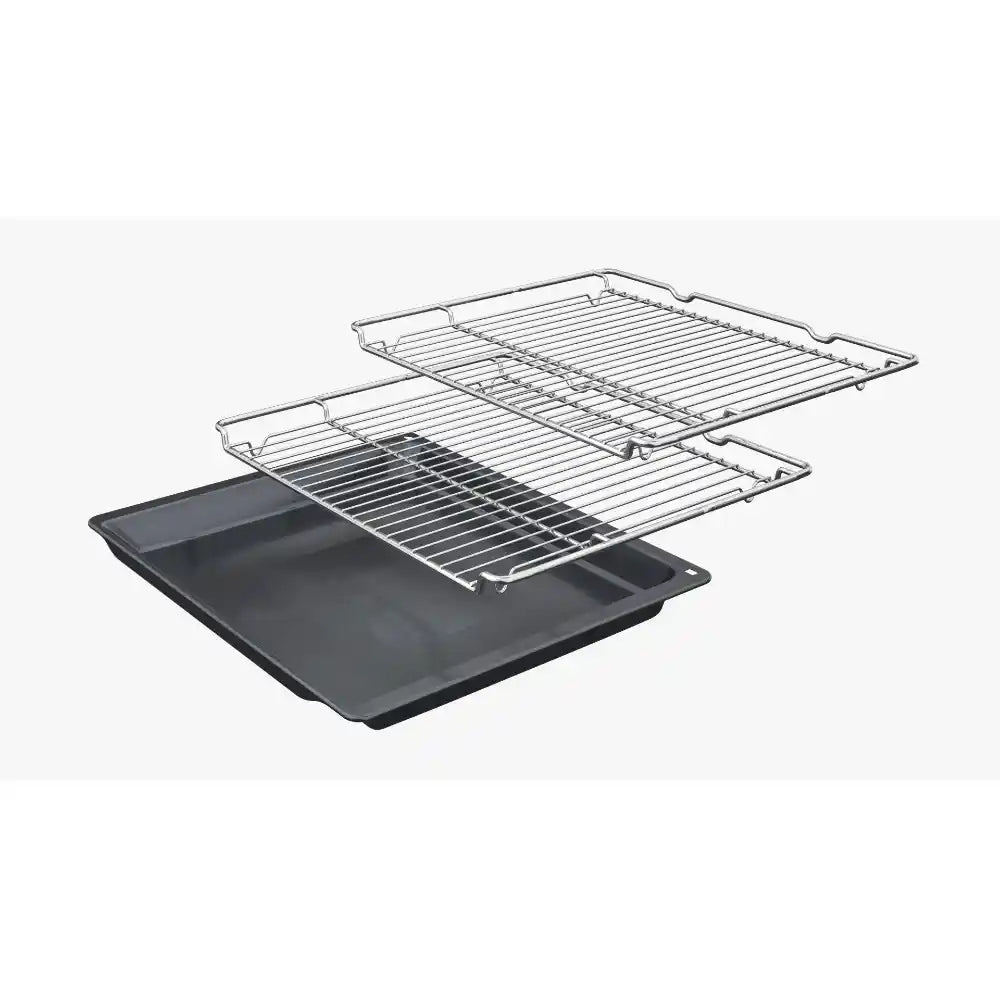 Neff N30 black built-in electric oven showing exploded view of removable wire racks and dark non-stick baking tray components