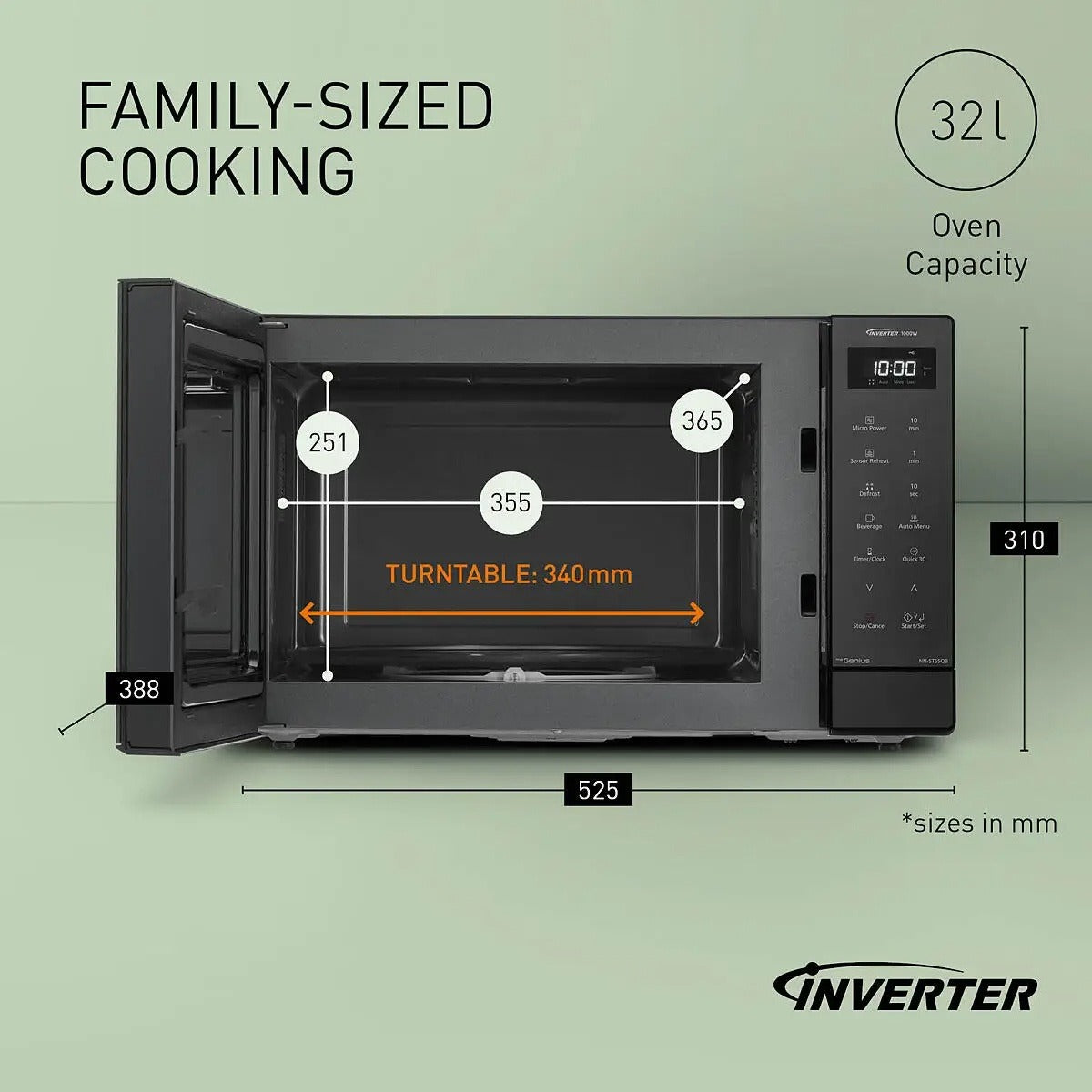 Panasonic 32 Litre 1000w Invertor Solo Microwave - Black | NN-ST65QBBPQ
