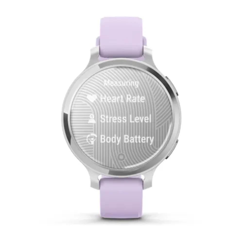 Garmin Lily 2 Active 38mm smartwatch with silver case and lavender silicone band displaying health monitoring features including heart rate, stress level and body battery on dial screen