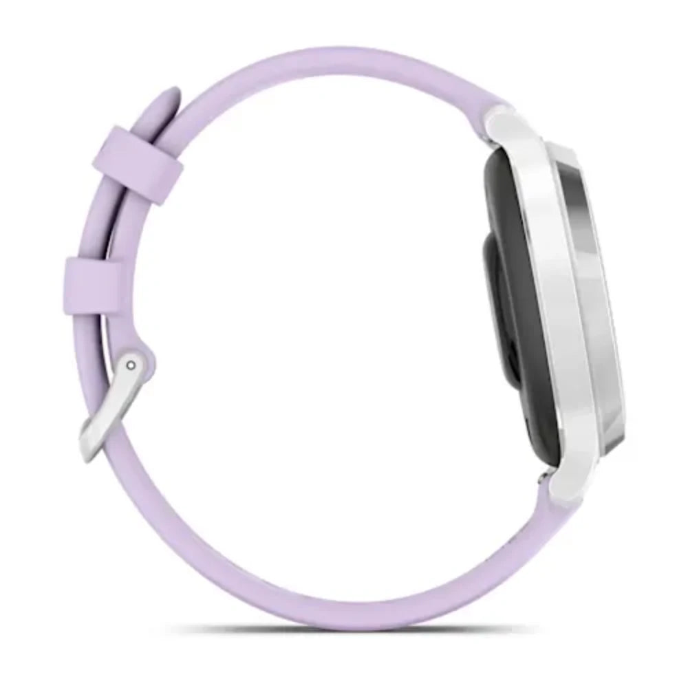Garmin Lily 2 Active 38mm smartwatch with silver case and lavender purple silicone band displayed on white background showing side profile view